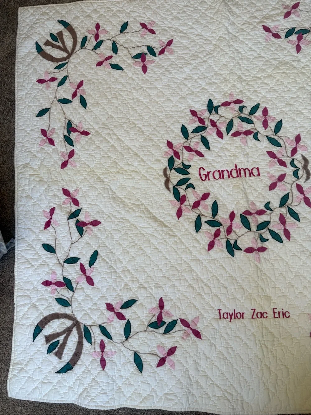 Personalized 'Grandma' White Quilted Throw with Pink & Green Floral Appliqué